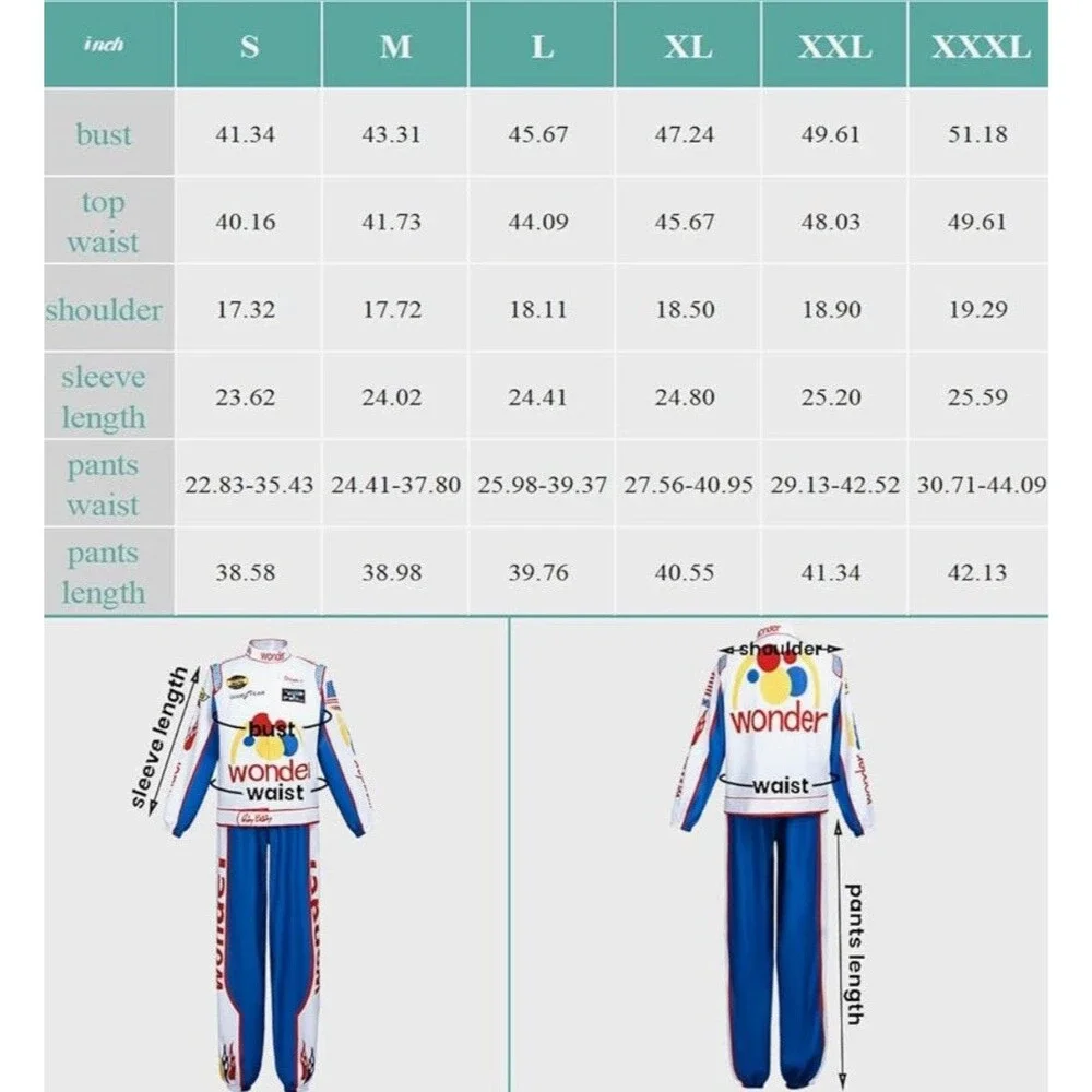 Adult‎ Ricky Bobby Racing Costume Jumpsuit Cap Hat Full Suit Set Outfit Men M